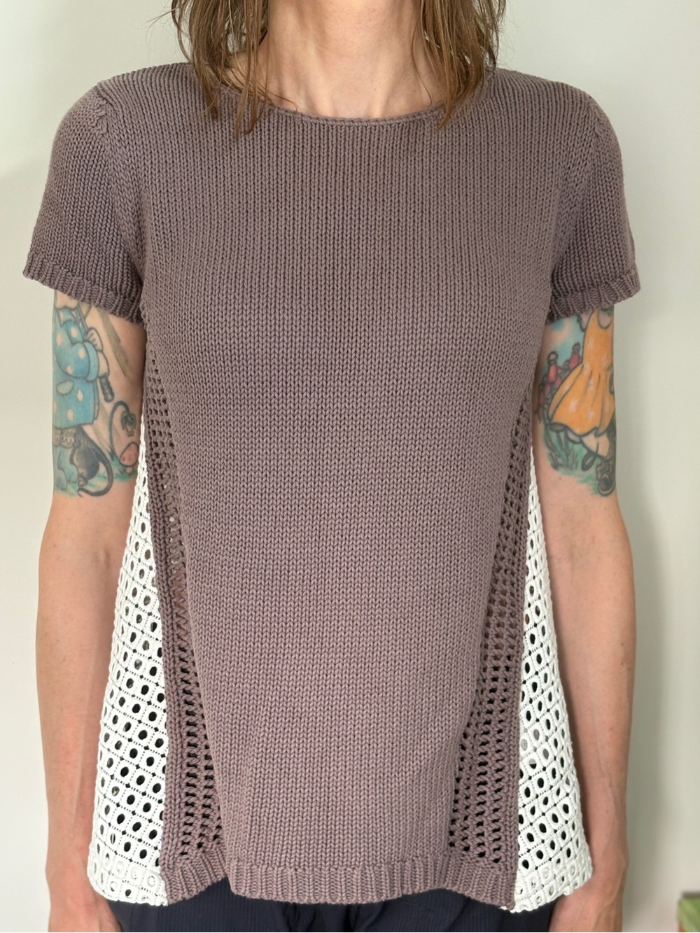 Anthropologie Moth brown and cream knit short sleeve crochet top Small